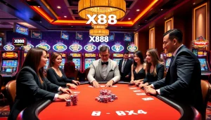 Engaging players at a luxurious casino table featuring X88 poker chips and vibrant slot machines.