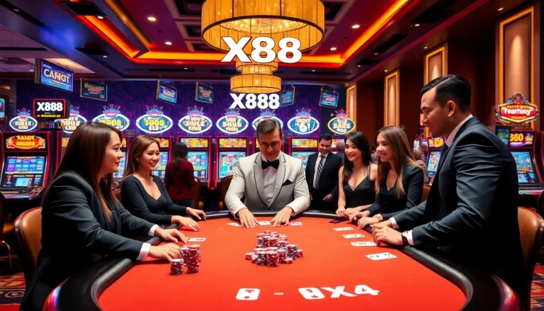 Engaging players at a luxurious casino table featuring X88 poker chips and vibrant slot machines.