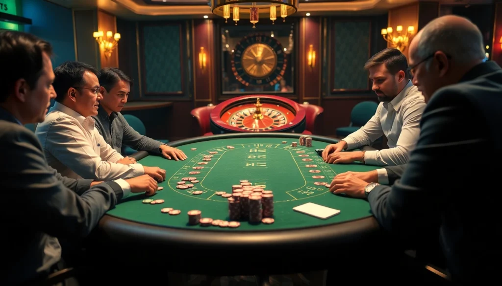 Intense poker action at a luxurious table highlighting the excitement of 69vn.gb.net with players and chips.