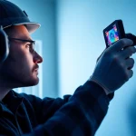 Leak detection technician using thermal imaging cameras in a home.