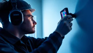 Leak detection technician using thermal imaging cameras in a home.