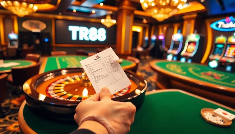 Engage in thrilling online gambling at TR88's vibrant casino scene filled with roulette and slot machines.