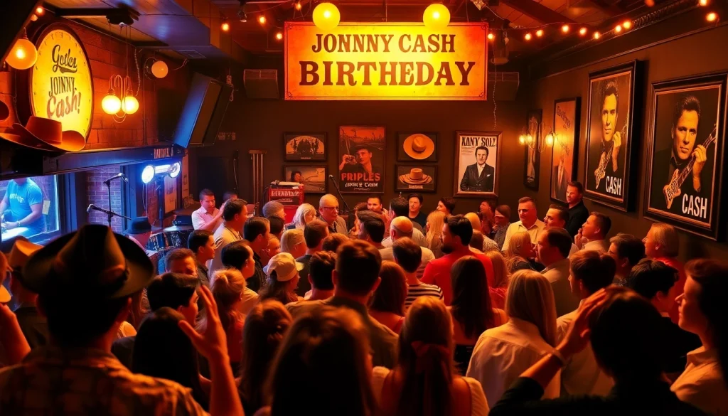 Fans celebrating at johnnycashbirthday.com event with live music and vintage decor.