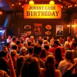 Fans celebrating at johnnycashbirthday.com event with live music and vintage decor.