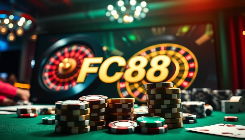FC88 offers a high-stakes casino experience with vibrant roulette wheels and poker chips.