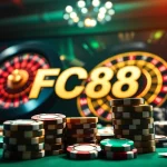 FC88 offers a high-stakes casino experience with vibrant roulette wheels and poker chips.