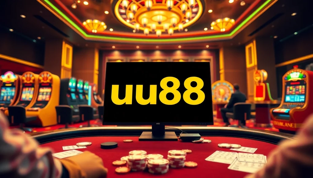 Engaging online casino scene with uu88 logo and vibrant gambling elements in action.