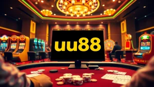 Engaging online casino scene with uu88 logo and vibrant gambling elements in action.