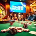 Experience the thrill of New888 with a vibrant casino scene, featuring poker chips and a roulette wheel.