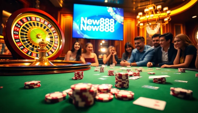 Experience the thrill of New888 with a vibrant casino scene, featuring poker chips and a roulette wheel.