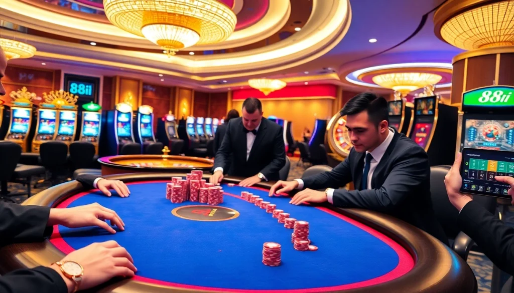 High-stakes poker action at a luxurious casino, featuring 88i and vibrant chips and cards.