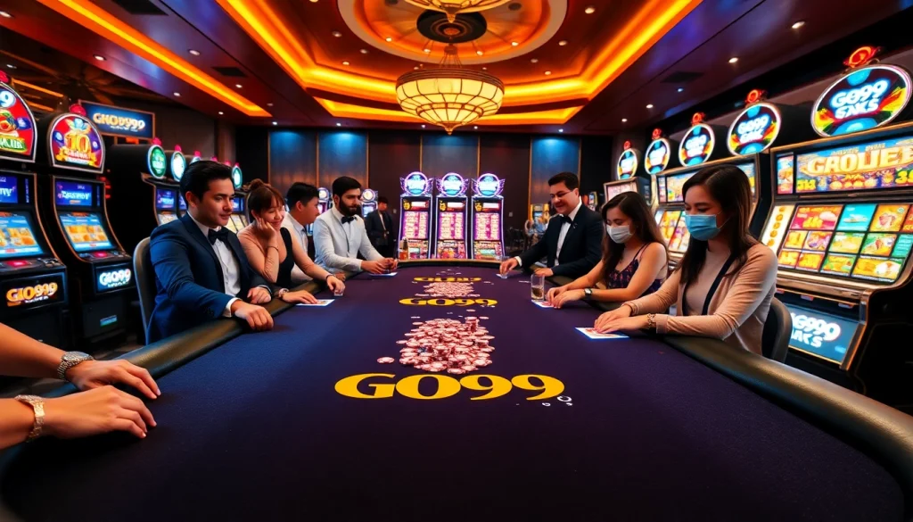 Exciting gameplay at Go99 gaming table in a luxurious casino setting, featuring vibrant poker chips and lively players.