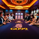 Exciting gameplay at Go99 gaming table in a luxurious casino setting, featuring vibrant poker chips and lively players.