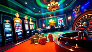 Experience excitement at https://ww88.review/ with a visual of a vibrant online casino showcasing poker tables and slot machines.