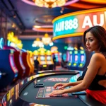 Engaging scene of AU88 casino with live dealer, chips, and vibrant game tables.