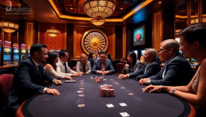 Players enjoying a thrilling casino experience at https://jun88pl.com/ with elegant tables and vibrant lights.