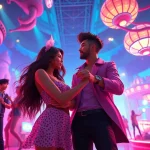 Vibrant characters engaging in an interactive XXX game in a colorful digital landscape