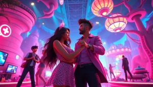 Vibrant characters engaging in an interactive XXX game in a colorful digital landscape