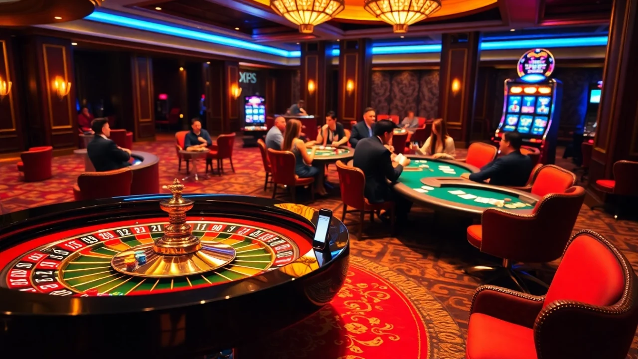 Players enjoying game bài đổi thưởng at a luxurious casino with roulette and poker tables.