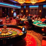 Players enjoying game bài đổi thưởng at a luxurious casino with roulette and poker tables.