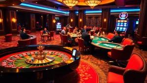 Players enjoying game bài đổi thưởng at a luxurious casino with roulette and poker tables.