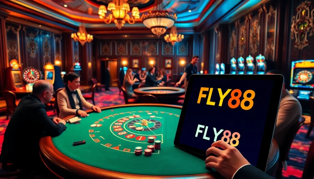 Engaging casino scene with players at a poker table and gambling elements showing nhà cái uy tín FLY88.