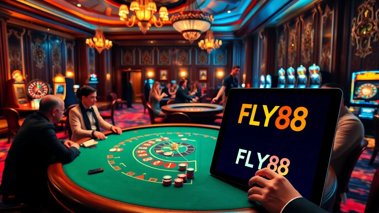Engaging casino scene with players at a poker table and gambling elements showing nhà cái uy tín FLY88.