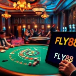 Engaging casino scene with players at a poker table and gambling elements showing nhà cái uy tín FLY88.