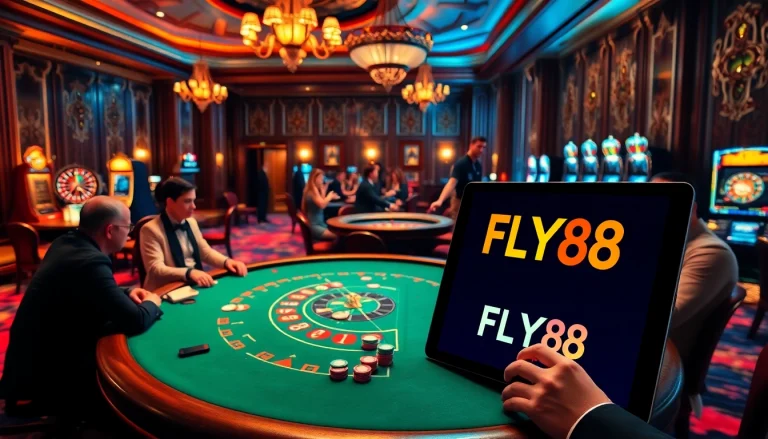 Engaging casino scene with players at a poker table and gambling elements showing nhà cái uy tín FLY88.