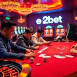 e2bet poker players strategizing bets with vibrant casino atmosphere and roulette wheel