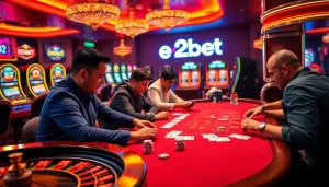 e2bet poker players strategizing bets with vibrant casino atmosphere and roulette wheel
