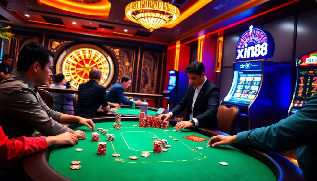 Experience the thrill of gaming at xin88 with professional poker players and vibrant casino ambiance.