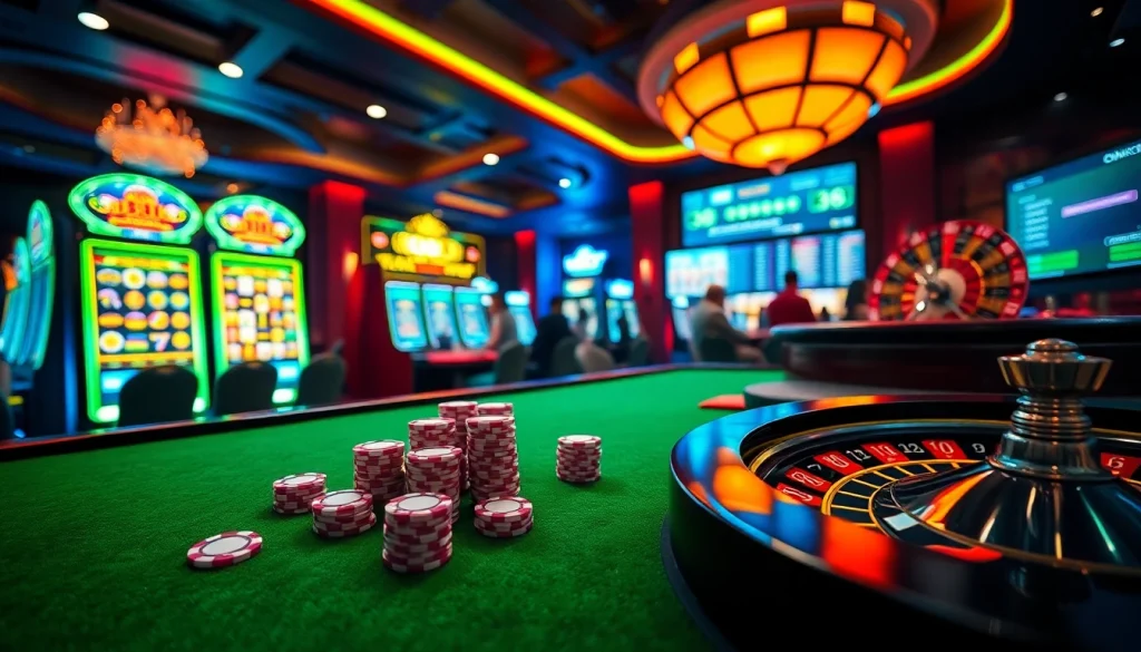Experience the excitement of 39BET at a luxurious casino table filled with poker chips and illuminated slot machines.