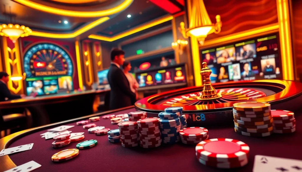 Experience the excitement of Luck8 casino gaming with vibrant poker chips and a roulette wheel.