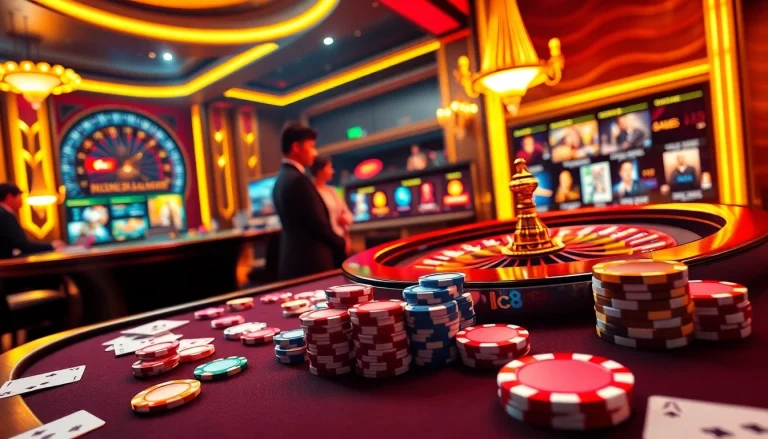 Experience the excitement of Luck8 casino gaming with vibrant poker chips and a roulette wheel.