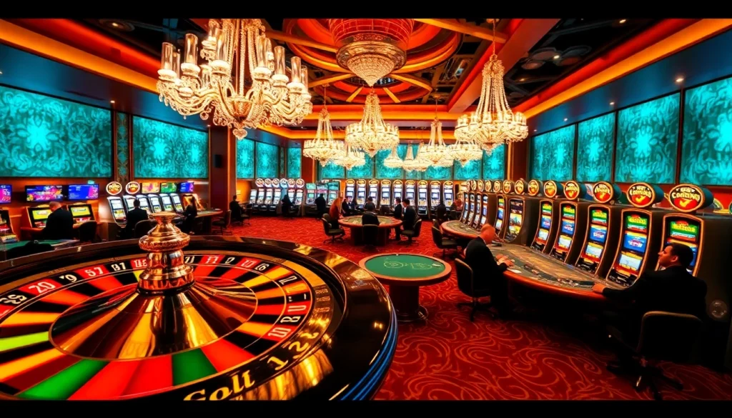 Players engaging in an exciting game at the luxurious casino of https://hm88.blue/, surrounded by vibrant slot machines.