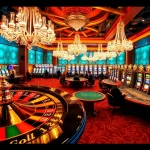 Players engaging in an exciting game at the luxurious casino of https://hm88.blue/, surrounded by vibrant slot machines.