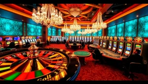 Players engaging in an exciting game at the luxurious casino of https://hm88.blue/, surrounded by vibrant slot machines.