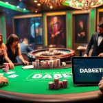 DABET casino scene showcasing engaging players at a luxurious blackjack table with vibrant chips and cards.