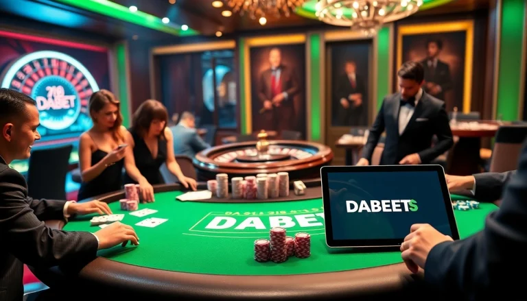 DABET casino scene showcasing engaging players at a luxurious blackjack table with vibrant chips and cards.