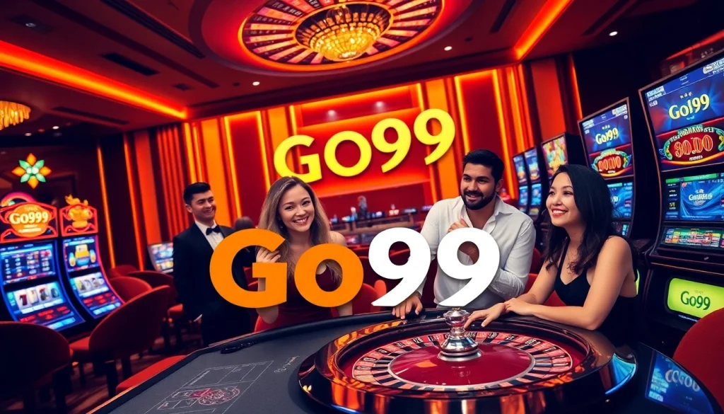 Gamblers enjoying a lively Go99 casino atmosphere with stylish tables and vibrant slot machines.