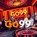 Gamblers enjoying a lively Go99 casino atmosphere with stylish tables and vibrant slot machines.