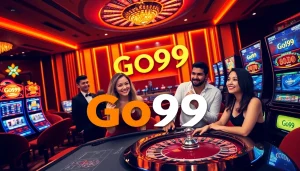 Gamblers enjoying a lively Go99 casino atmosphere with stylish tables and vibrant slot machines.