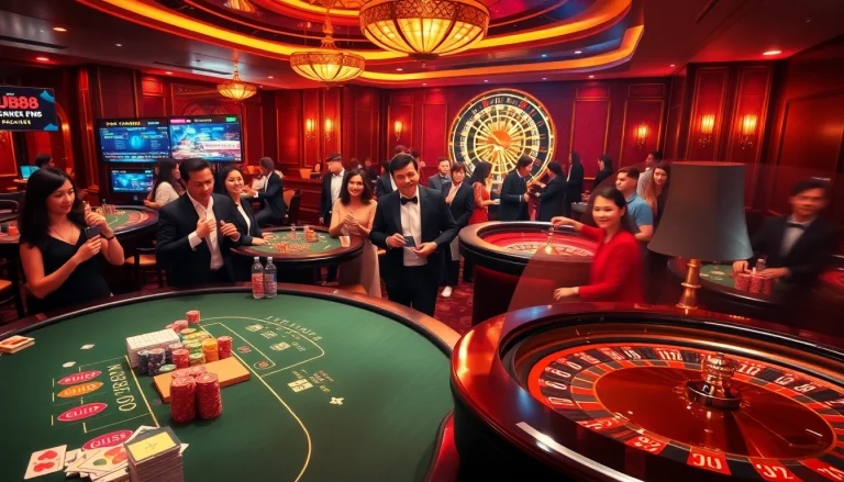 PUB88 casino scene featuring excited players at a blackjack table, showcasing vibrant gaming elements.