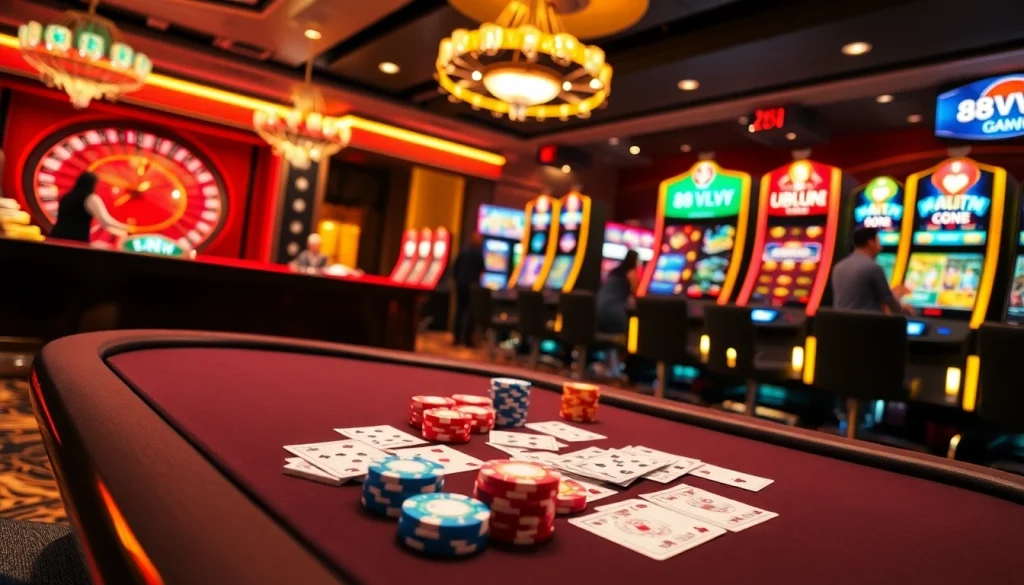 Players engaging in thrilling games at 88vv casino, showcasing poker, roulette, and vibrant slot machines.