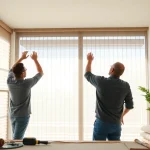 Flyscreenmaxx technicians professionally installing pleated fly screens in a bright home.