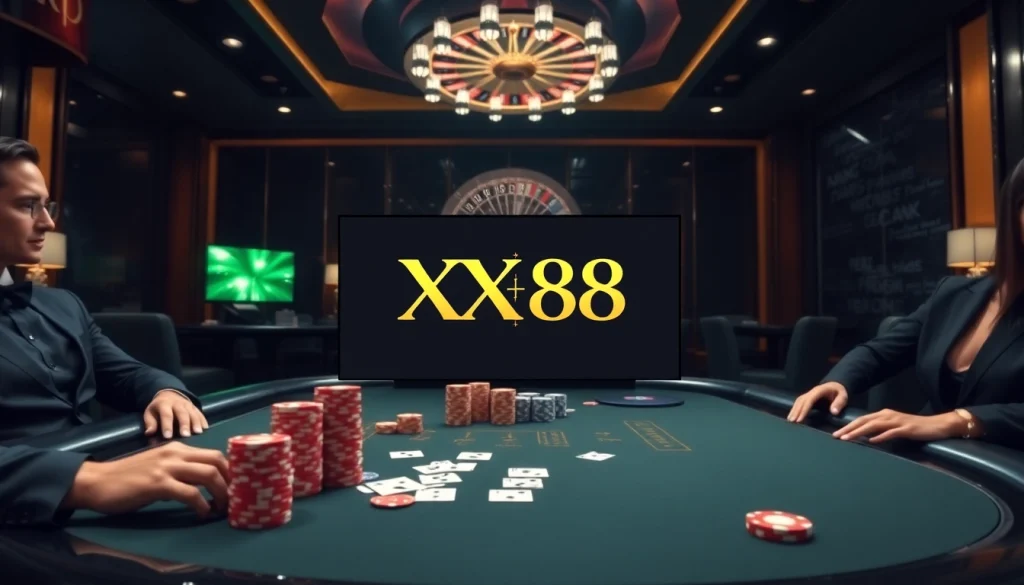 Experience the thrill of XX 88 at a luxurious casino table with vibrant poker chips and cards.