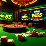 Engage in thrilling gameplay at win55 online casino with poker chips and roulette wheel.