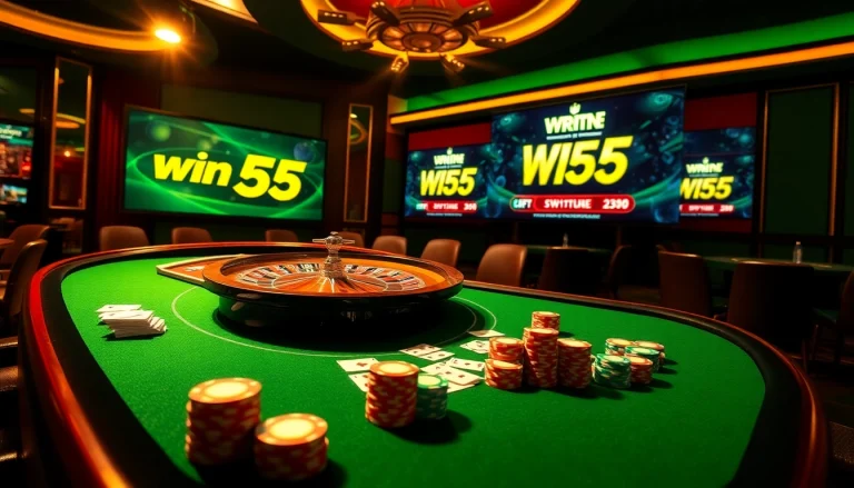 Engage in thrilling gameplay at win55 online casino with poker chips and roulette wheel.