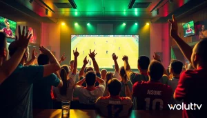 Exciting football match streaming on vaoluoitv in a vibrant sports bar atmosphere.